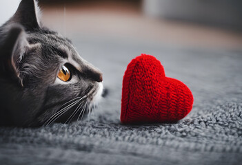 A gray tabby cat with striking yellow eyes gazes intently at a red knitted heart on a textured gray carpet. International Cat Day. - Powered by Adobe