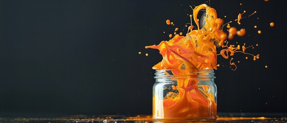 A close shot of orange paint swirling in water inside a transparent jar against a dark backdrop and a big space for text or product advertisement background,  Generative AI.