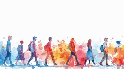 A group of diverse people walking together in a colorful watercolor style.
