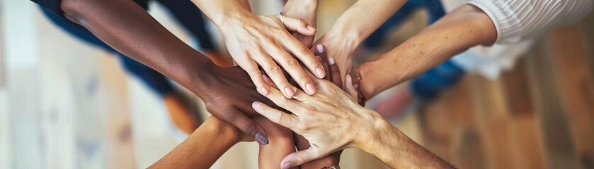 A group of diverse people joining their hands together.
