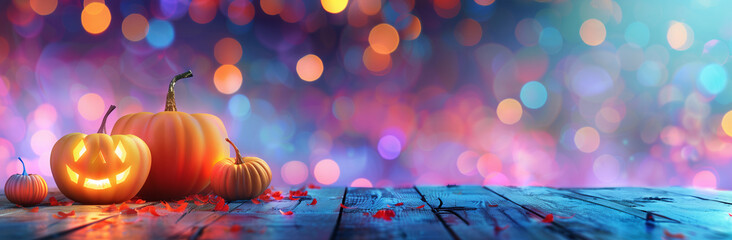 Naklejka na ściany i meble Halloween pumpkins on wooden table with blurred background of colorful lights and fog, perfect for product display at Halloween party.