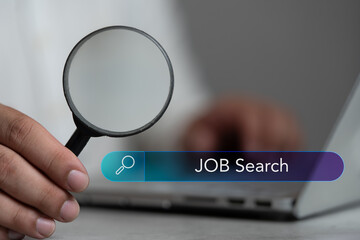 A man hold a magnifier to find job with search icon bar, seeking into right job. Behind that has...