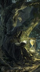 The Grim Reaper watching over a human reading a book under an old tree, with a large hourglass beside them, highlighting the passage of time