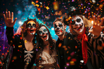 Group of friends in various Halloween costumes posing joyfully at a party, surrounded by lights and confetti, enjoying the spooky night.