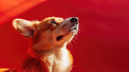 A yellow corgi dog with its head raised, the background is red, with light and shadow, studio style 