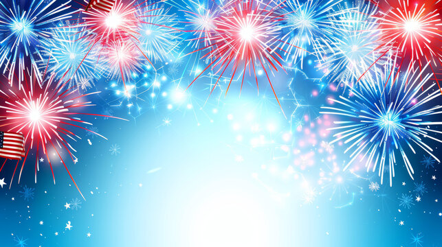 colorful fireworks display on blue background for celebration