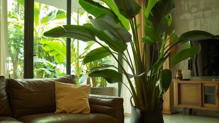 In the corner a tall plant with large green leaves adds a touch of nature to the opulent setting.