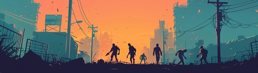 Zombie apocalypse scene in 2D vector style, featuring multiple zombies in a desolate urban setting, great for game backgrounds