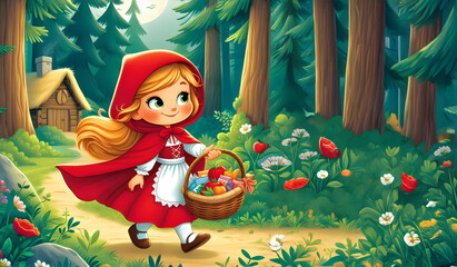 Little Red Riding Hood on her way through the forest.