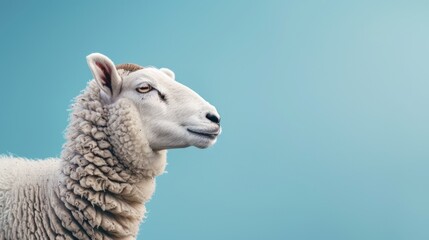 Fototapeta premium a white sheep isolated on blue studio background with space for text