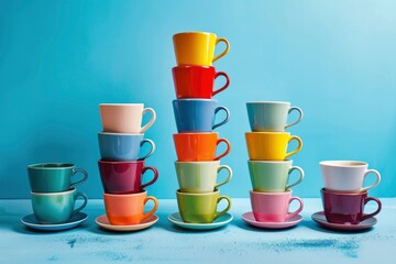Composition of bright colorful ceramic mugs stacked on round shaped saucer against blue background - generative ai