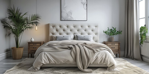 bedroom interior background, empty white blank square picture frames above bed, with dry pland and beige furniture