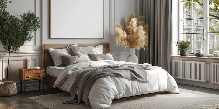 bedroom interior background, empty white blank square picture frames above bed, with dry pland and beige furniture