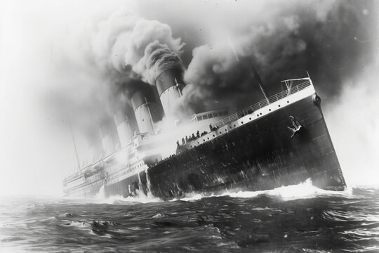 Titanic wreck as a result of a collision with an iceberg in the Atlantic Ocean, white black illustration