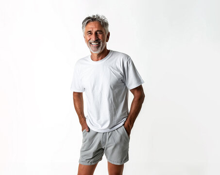 elderly hispanic man, wearing white t-shirt and shorts, smiling and isolated on white 
