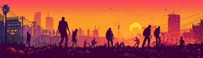 Zombie apocalypse scene in 2D vector style, featuring multiple zombies in a desolate urban setting, great for game backgrounds