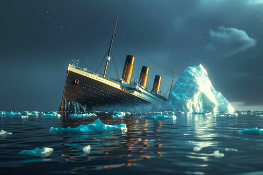 Titanic wreck as a result of a collision with an iceberg in the Atlantic Ocean.