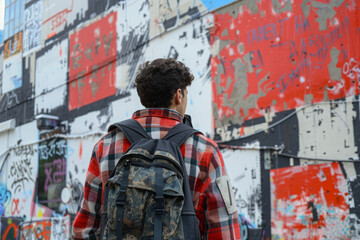 Urban Culture: Create a scene of a young man exploring street art in the city, dressed in urban casual clothing, appreciating the art and the urban culture.