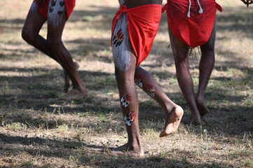 Indigenous Australians men on ceremonial dance in Laura Quinkan Dance Festival Cape York Australia