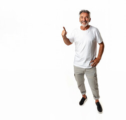 70s hispanic man, grandfather full length, pointing with his finger, wearing white t-shirt, isolated on white