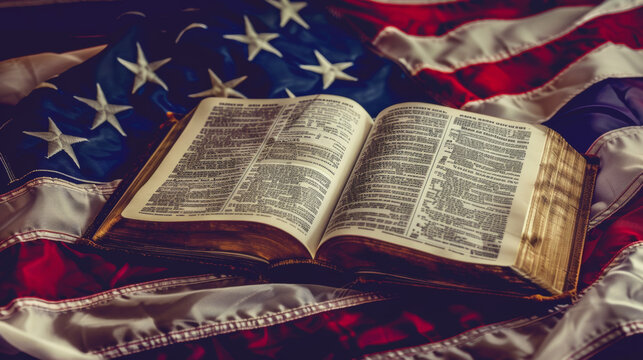 Vintage Bible open on American flag background