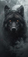 A wolf emerging from smoke fade against a black background, perfect for dreamscape portraiture with a gigantic scale. Ideal as wallpaper or wall poster background for design.
