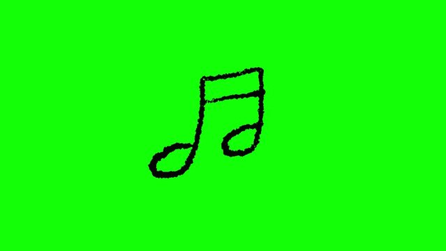 Hand drawn music note frame by frame animation on chroma key green screen background.