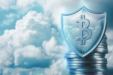 Blue-toned shield with Bitcoin symbol on a stack of silver coins against a cloudy sky, concept of cryptocurrency security and investment.
