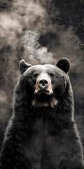 A bear emerging from smoke fade against a black background, creating a dreamscape portraiture with a gigantic scale, perfect for a wall poster or wallpaper.