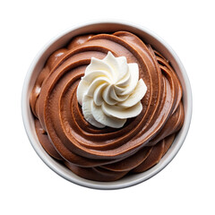 A bowl on chocolate mousse topped with whipped cream isolated on transparent background.