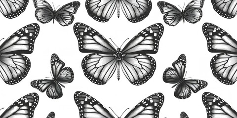 A modern seamless design with black and white butterflies with a clean white surface perfect for text or product backdrop, Generative AI.