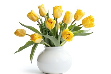 White vase with beautiful yellow tulips isolated on white background 