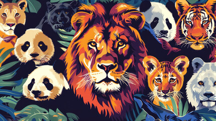 Obraz premium background is surrounded with animals like lion, cat, panda, dog, colored