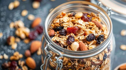 A jar of homemade granola filled with oats nuts and dried fruit perfect for snacking onthego. - obrazy, fototapety, plakaty