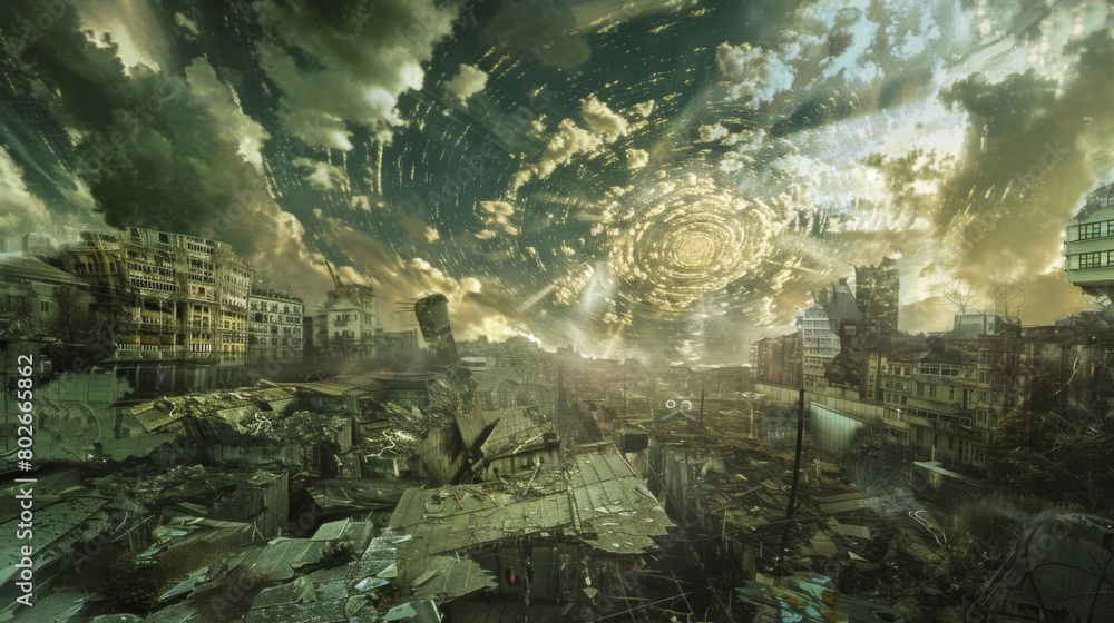 Poster the once familiar landscape became a distorted version of itself with buildings and objects bending 
