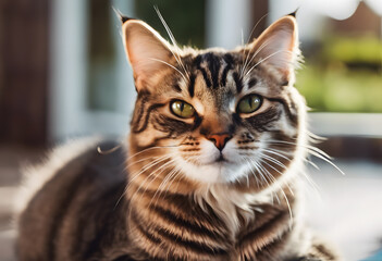 Close-up of a tabby cat with striking green eyes, basking in sunlight. International Cat Day.