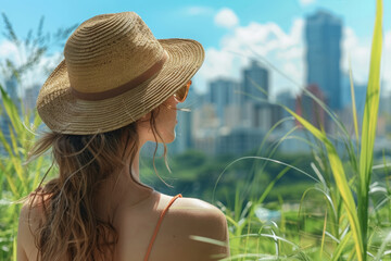 Urban Park Relaxation - Summer Vibes: Back view of a young woman relaxing in an urban park, dressed in a summer outfit with a sun hat and sunglasses, enjoying the greenery and cityscape.
