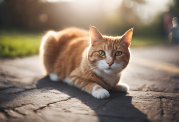 A ginger cat with white paws crouching on a paved path, with sunlight filtering through trees in...
