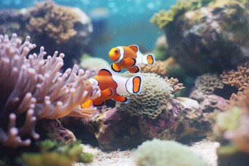 Colorful clownfish sheltering among the tentacles of a sea anemone