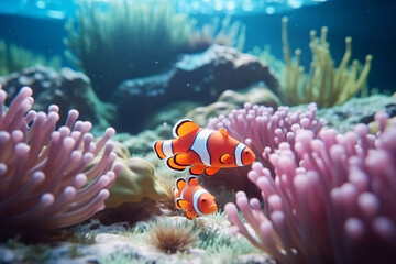 Clownfish among colorful coral reefs in the ocean