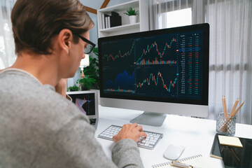 Business trader using computer and laptop to search highest profit value of dynamic increased stock market graph on working desk, analyzing exchange rate value on screen at modern office. Pecuniary.