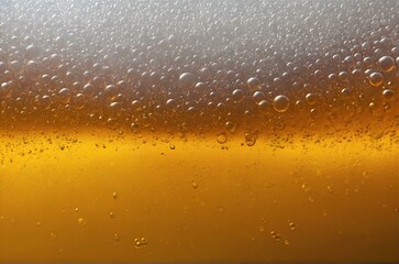 close up of bubbles beer froth in glass, golden  bubbles beer or oil 