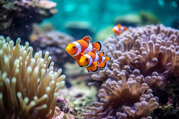 Clownfish swimming in vibrant coral reef and aquarium environments