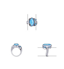 Jewelry design modern art ring set with blue topaz and blue sapphire sketch by hand on paper.