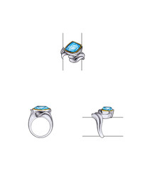 Jewelry design modern art ring set with blue topaz sketch by hand on paper.