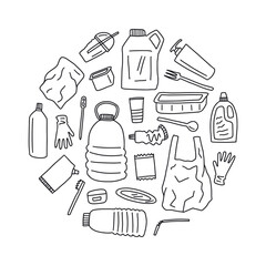 Vector round drawing made of plastic garbage, hand-drawn in the style of doodles. Recycling of plastic products.
