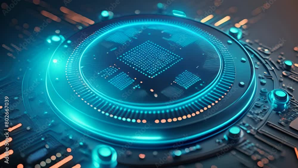 Aufkleber Close-up view of a futuristic technology interface with glowing blue circuits and concentric circular patterns