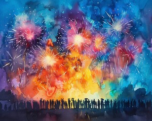 A watercolor depiction of a summer festival, with colorful fireworks and joyful crowd elements in the background