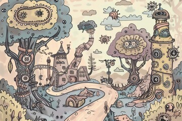 Obraz premium Cartoon cute doodles of a fantastical steampunk forest, where characters traverse winding paths lined with mechanical trees and encounter whimsical, Generative AI