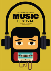 Music festival poster template design background with man wear headphone flat design style